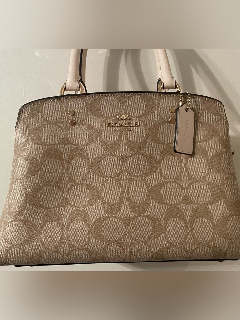 Coach Signature Tote in Taupe and Cream with Gold Hardware